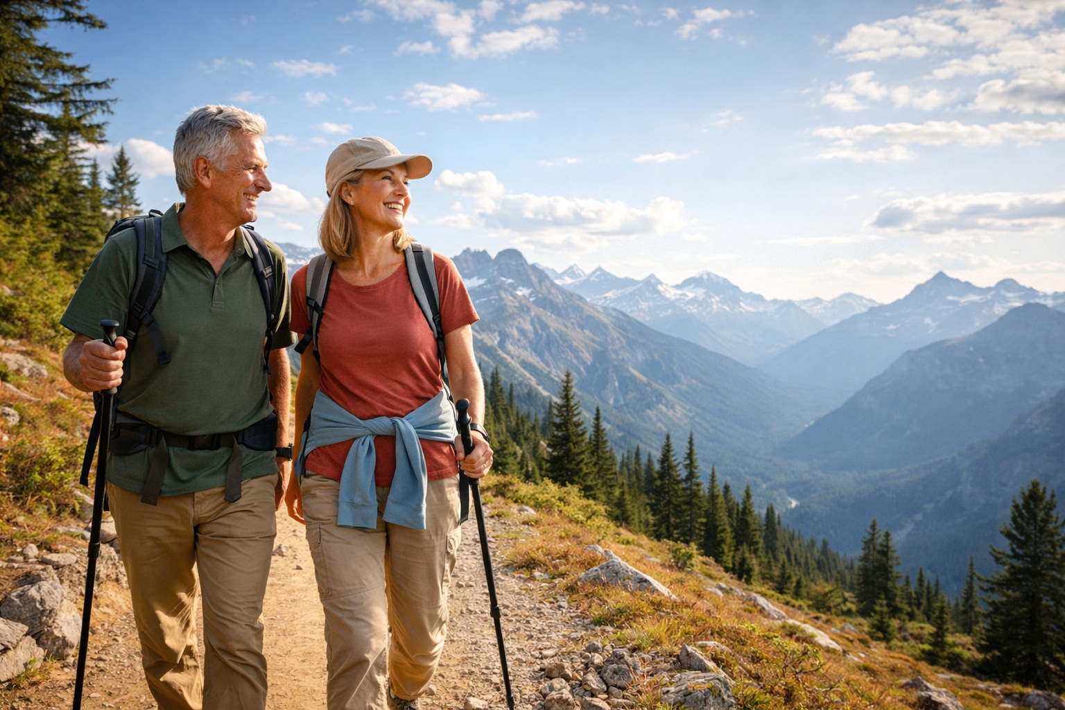Mature couple hiking together on mountain trail, enjoying their active retirement lifestyle