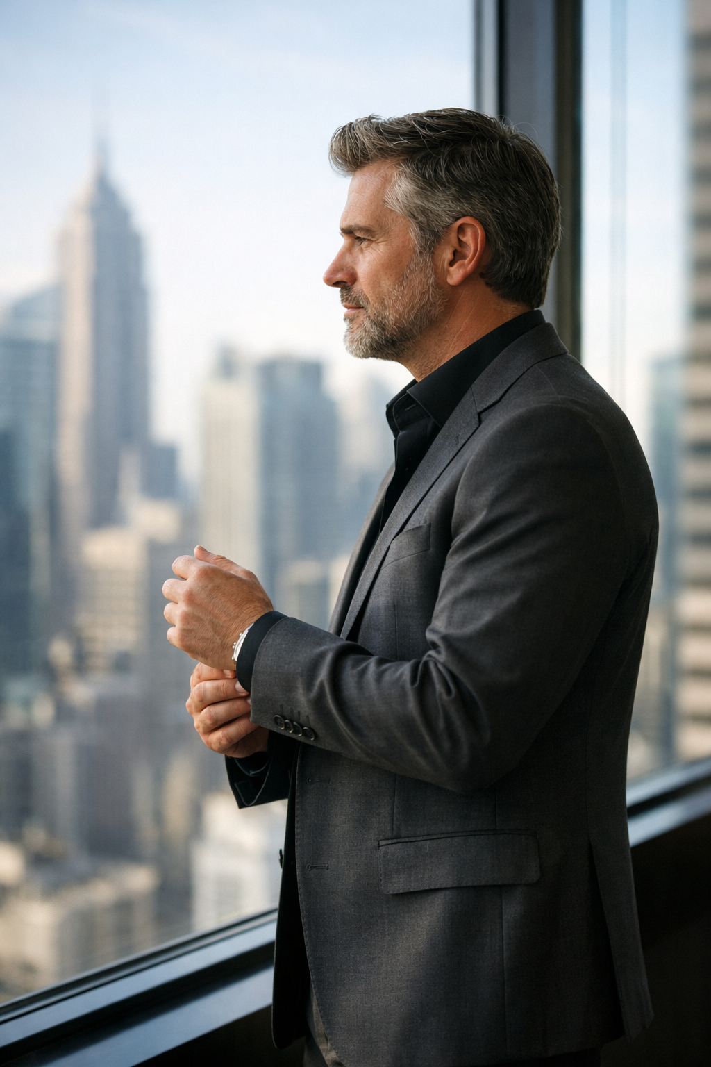 Distinguished business executive with city skyline backdrop